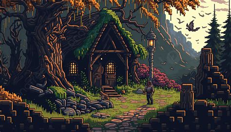 Game Mountain Forest House Scene Background, Pixel Game, Mountain House Scene, Pixel Points ...