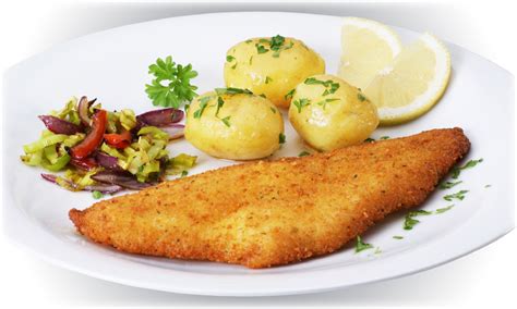 Recipes Breaded fish fillet with fresh vegetables and parsley potatoes