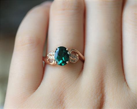 Unique 6x8mm Oval Emerald Ring Solid 14K Rose Gold Emerald Engagement Ring