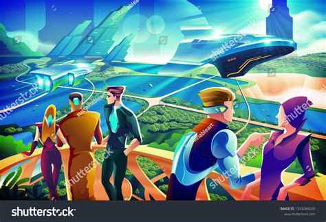 Imagery Illustration Futuristic Scenery Group People Stock Vector ...