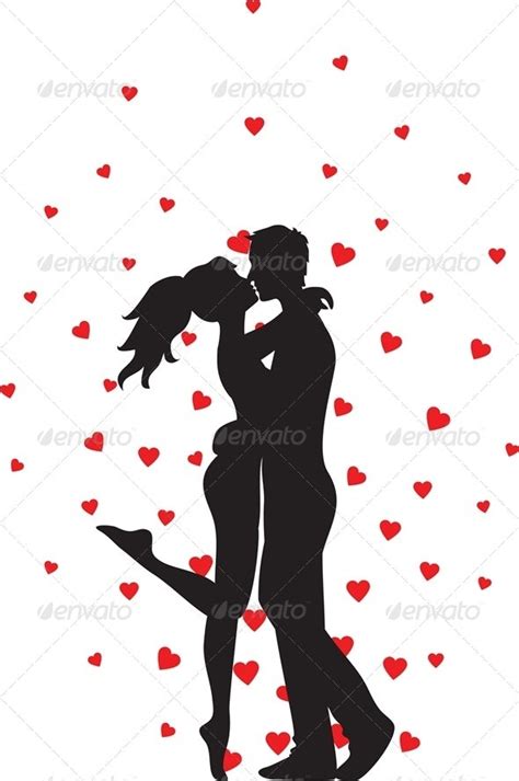 Silhouette of kissing couple and hearts, Vectors | GraphicRiver