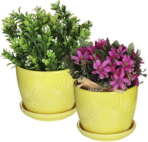 MyGift Set of 2 Yellow Sunburst Design Ceramic Flower Planter Pots with Saucers - Walmart.com ...