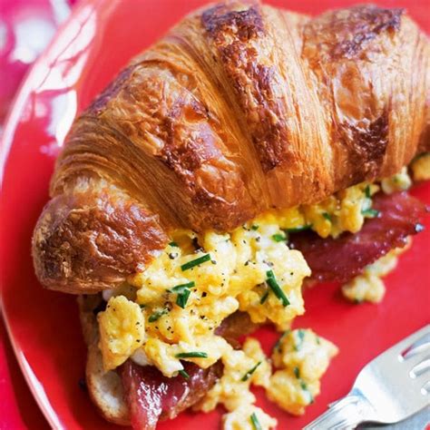 Croissants stuffed with bacon and creamy scrambled egg recipe ...