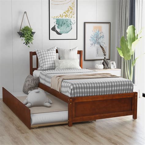 Twin size Platform Bed Frame with Trundle, Pull-out Combination Bed ...