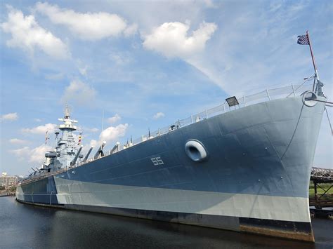 View from off the starboard bow of Battleship North Carolina (BB-55) in her role as a museum ...