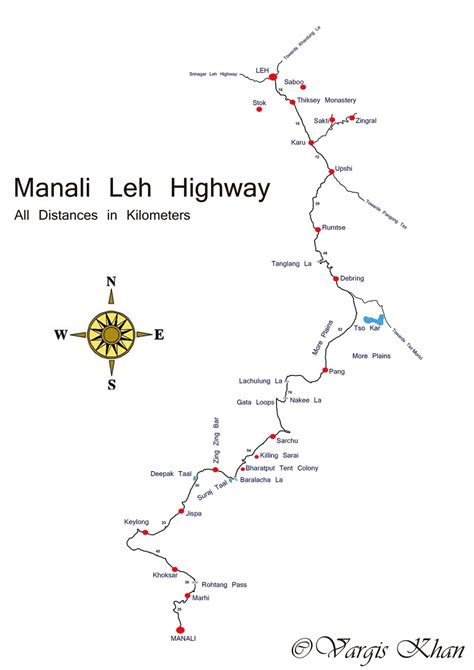 Manali to Leh Road Map With Distance - Vargis Khan