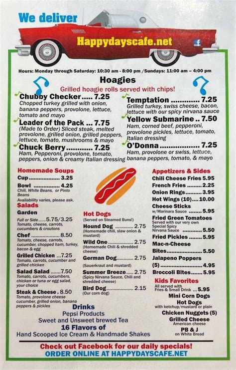 Menu at Happy Days Cafe, South Charleston