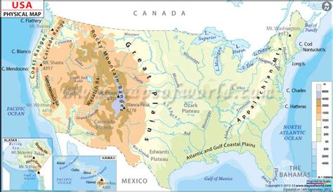 USA Physical Map, Physical Map List of the United States