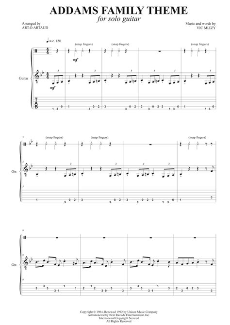 Addams Family Theme (arr. Art.o Artaud) by Vic Mizzy Sheet Music for Easy Guitar Tab at Sheet ...