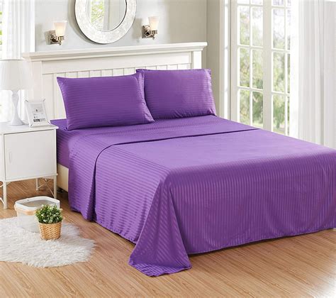 Stripes Bed Sheet Set (Full, Purple) 4 Pieces Deep Pocket 1800 Series ...