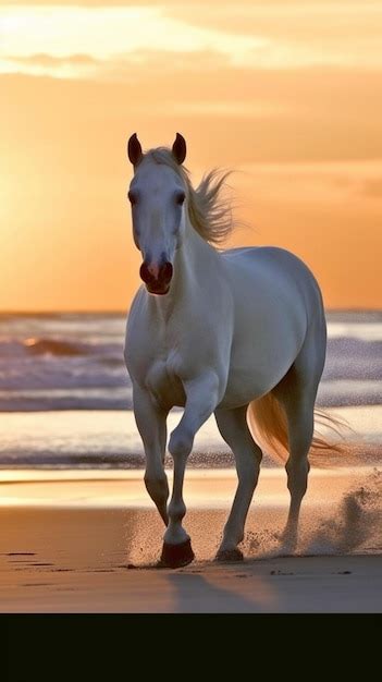 Premium AI Image | White horse on the beach at sunset