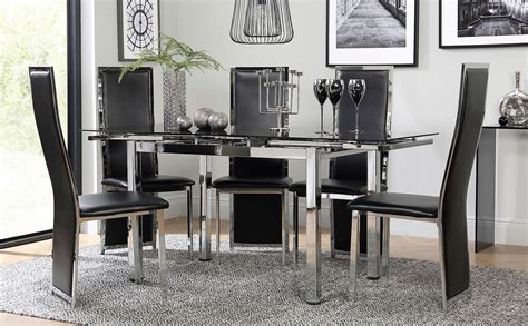 Space Chrome and Black Glass Extending Dining Table with 6 Celeste ...
