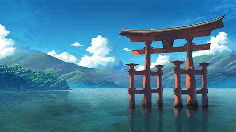 HD wallpaper: The Torii of Itsukushima Shrine, water, sky, mountain, real people | Wallpaper Flare