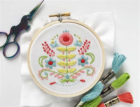 Mini Folk Art Flowers Learn Hand Embroidery Printed Fabric Sampler ...