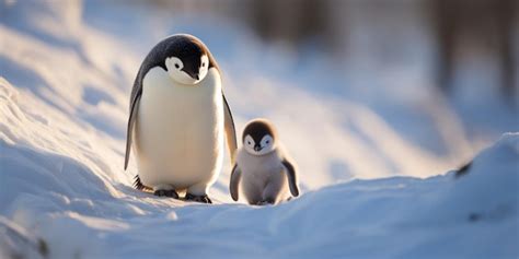 Premium AI Image | Baby penguin and his mother walking in the snow AI ...