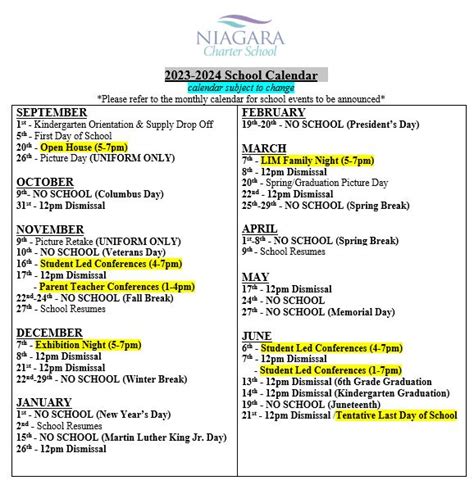 School Calendar – Niagara Charter School