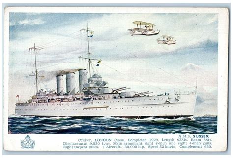 c1910 Cruiser London HMS Sussex Steamer World War Torpedo Tube Aircraft ...