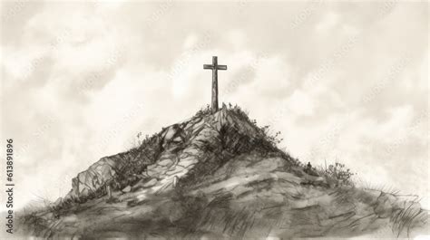 Handsketch drawing of cross on top of hill Stock Illustration | Adobe Stock