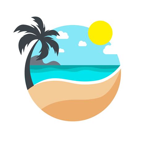 Palm tree with sand beach by the ocean on a sunny day. Cool summer logo ...