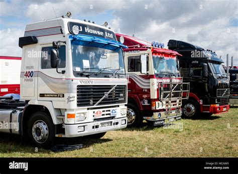 Line-up of old Volvo commercial trucks at an English show Stock Photo ...