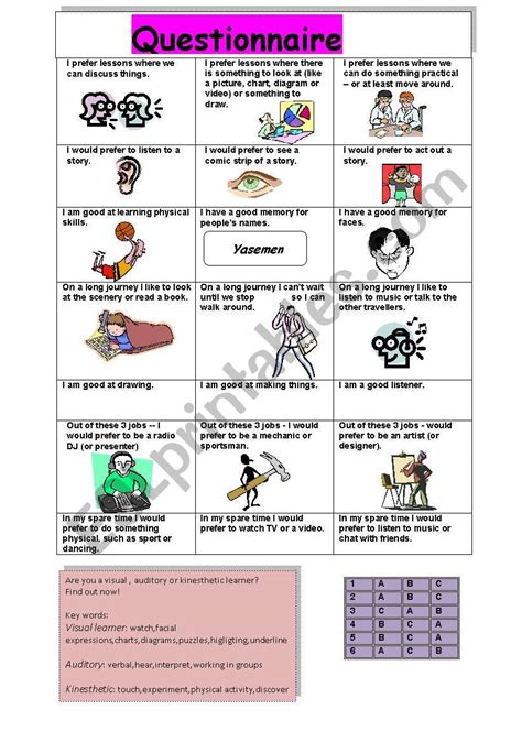 A questionnaire about learning styles such as visual,auditory - ESL worksheet by dorelame