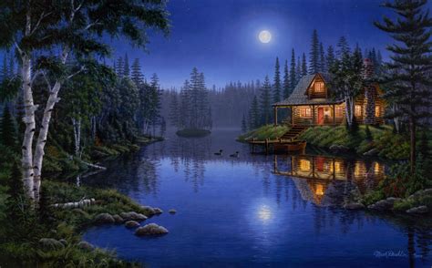 HD wallpaper moonlight serenade mark daehlin forest lake light house ...