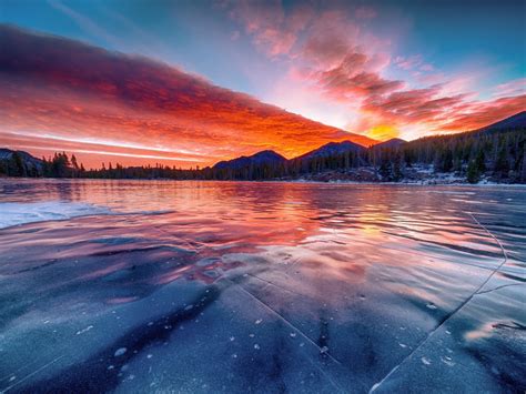 Wallpaper frozen lake, sunset, winter, skyline, nature desktop ...