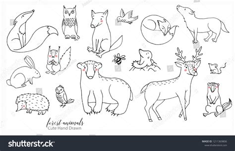 Hand drawn line art cartoon doodle animal set in - Royalty Free Stock ...