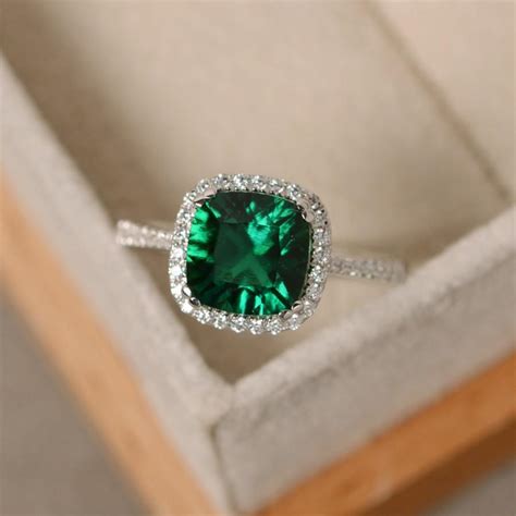 Emerald Engagement Ring, Sterling Silver, Cushion Cut, Emerald Gemstone Ring #2671308 - Weddbook