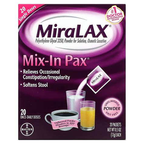 MiraLAX, Mix-In Pack, Grit Free , Unflavored, 20 Packets 0.5 oz (17 g) Each