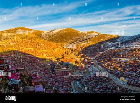 Aerial view of the campus of Serthar Institute, known as Larung Gar Buddhist Academy or Larung ...