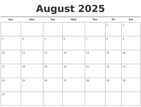 August 2025 Free Calendar Template