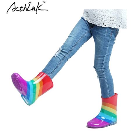 ActhInK New 2018 Kids Rainbow Rainboots Girls Striped Patch Antiskid Wellies Children Spring ...