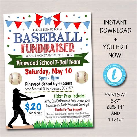 EDITABLE Baseball Fundraiser Flyer, Printable PTA PTO Flyer, School Benefit Fundraiser Event ...