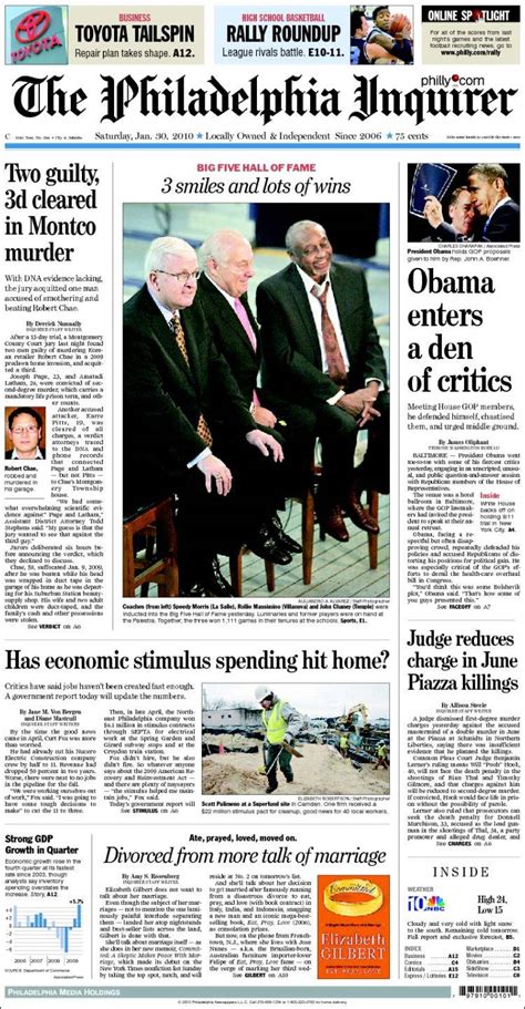 Newspaper Philadelphia Inquirer (USA). Newspapers in USA. Saturday's edition, January 30 of 2010 ...