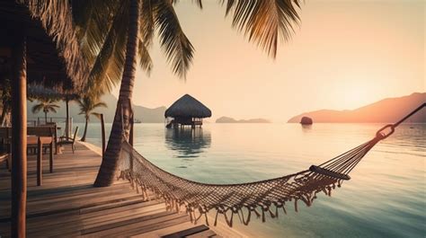 Premium AI Image | A hammock on a beach with a sunset in the background