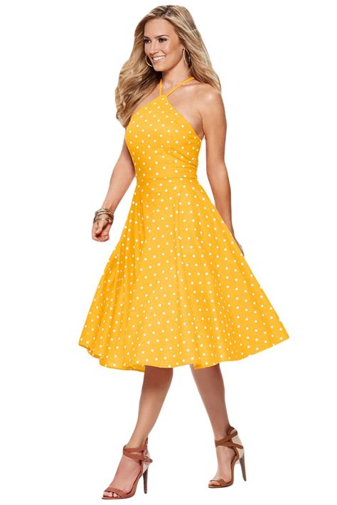 Yellow White Polka Dot Flared Vintage Dress | Винтажные платья, Платье в горошек, Модные стили