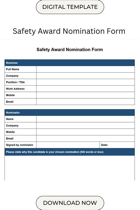 Printable Safety Award Nomination Form Employee Recognition Template ...