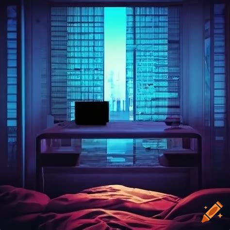 Cyberpunk bedroom with city view