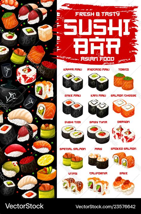 Japanese cuisine menu sushi and rolls Royalty Free Vector