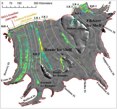 Fractures of Ronne-Filchner Ice Shelf: crevasses (green lines), rifts ...