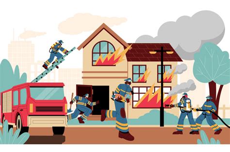 Firefighters at burning house. Fireman characters extinguish fire buil By Tartila | TheHungryJPEG