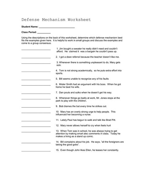 Defense Mechanisms Worksheet - Worksheets For Kindergarten