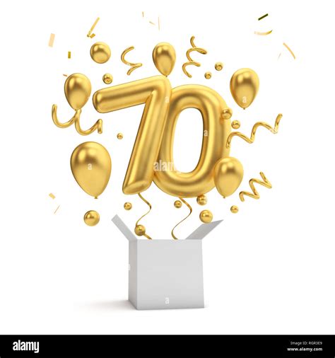 Happy 70th birthday gold surprise balloon and box. 3D Rendering Stock Photo - Alamy