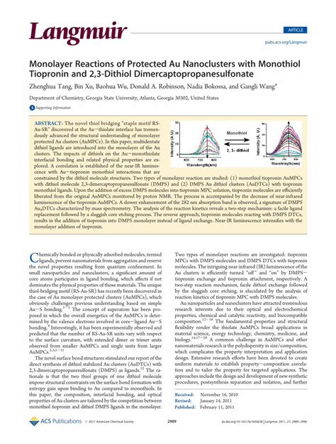 (PDF) Monolayer Reactions of Protected Au Nanoclusters with Monothiol Tiopronin and 2,3-Dithiol ...