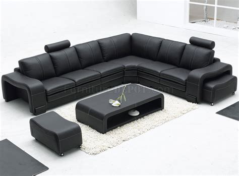 Black Leather Modern Sectional Sofa w/Ottoman & Coffee Table