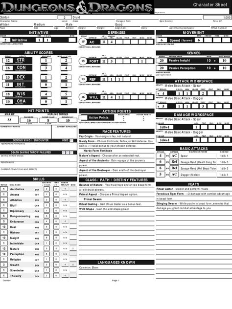 D&D 4E Character Sheet Galdon | Dungeons & Dragons | Role Playing Games