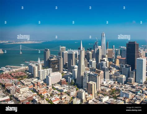 Aerial view of Downtown San Francisco and Bay Bridge from helicopter ...