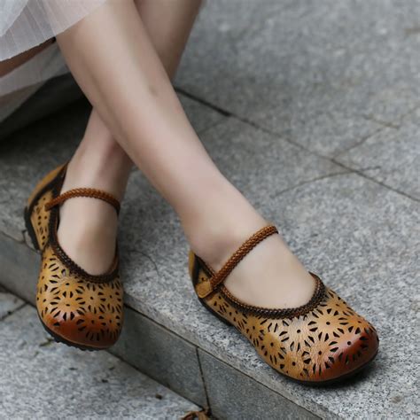 Women Leather Flats Hollow Out Mary Jane Shoes Spring 2019 Retro Style Handmade Women Flats ...