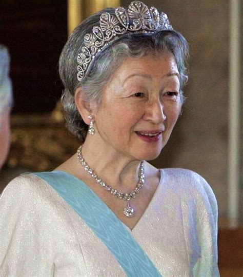 Empress Michiko, Empress consort of Emperor Akihito, wearing the Japanese Honeysuckle Tiara ...